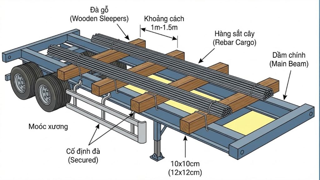 Chở hàng sắt cây trên sơ mi rơ moóc xương