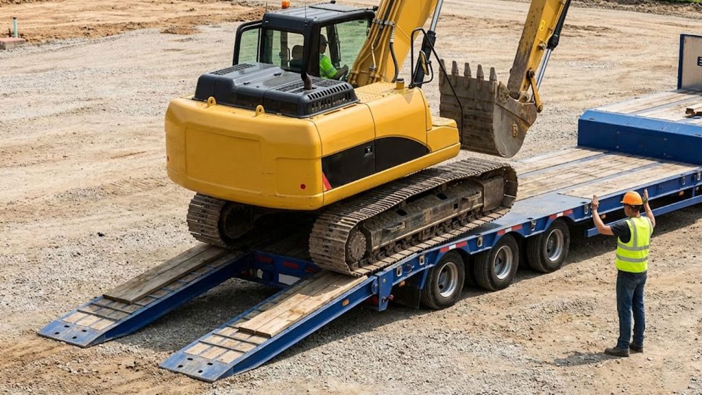 Chở máy xúc trên sơ mi rơ moóc lùn: Kỹ thuật lùi máy lên sàn moóc an toàn