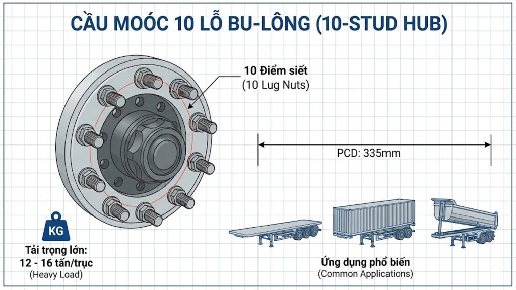 Sự khác biệt giữa cầu sơ mi rơ moóc 10 lỗ và 8 lỗ bu-lông