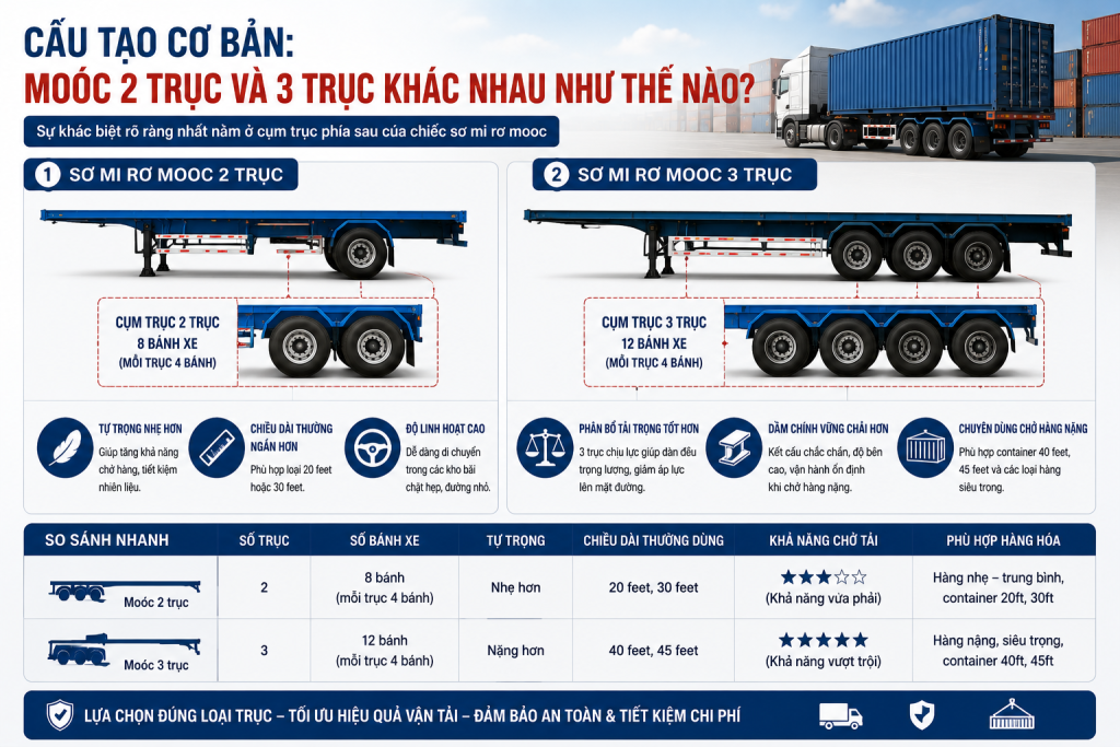 PHÂN BIỆT MOÓC 2 TRỤC VÀ 3 TRỤC: QUY ĐỊNH TẢI TRỌNG KHÁC NHAU VÀ CÁCH TÍNH TẢI TRỌNG KÉO THEO CHO PHÉP