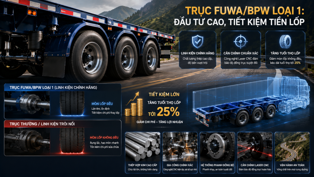 LINH KIỆN CHÍNH HÃNG TRỤC FUWA BPW LOẠI 1 ĐẦU TƯ CAO, TIẾT KIỆM TIỀN LỐP